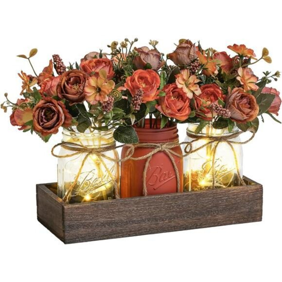 Mason Jar Centerpiece Set with Flowers Wood Tray LED Farmhouse Table Decor - Picture 1 of 8